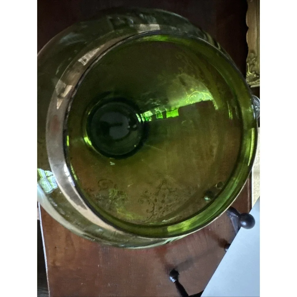 Antique Bohemian Green Glass Vase Gold‎ Gilt & Red Cabochon Jeweled Art Glass 8